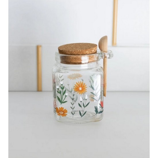Pote 250ml Quadrado de Vidro com Tampa de Cortiça e Colher de Bambu Flora